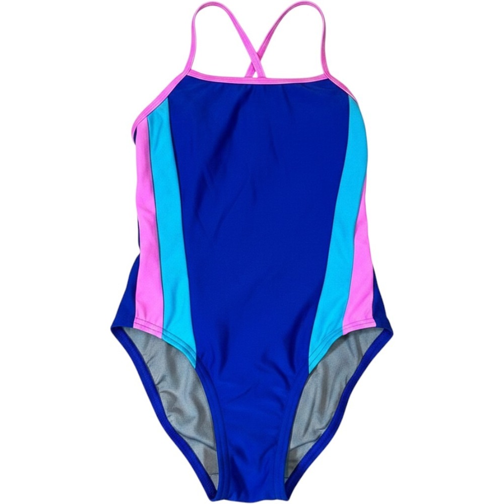 Speedo Girls Vibe Collection Endurance+ One Piece Swimsuit Blue Pink Size 28 NWT